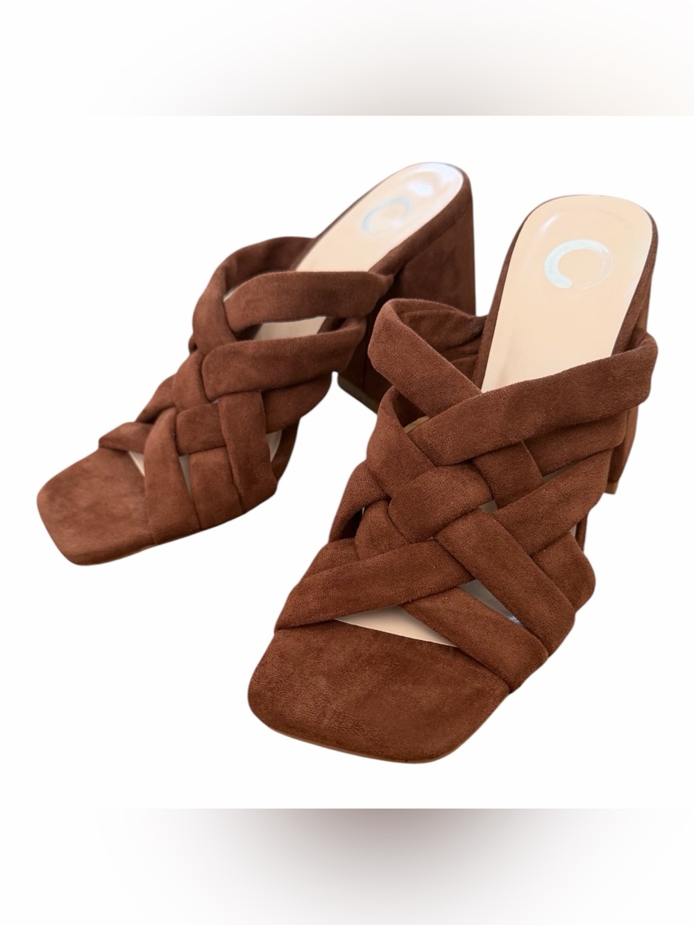 Journee Collection Brown Suede Braided Block‎ Heel Mule